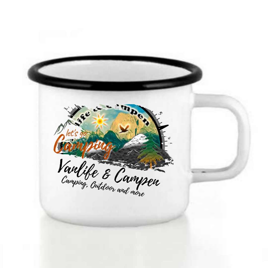 Emaille Tasse weiß mit farbigem Tassenrand