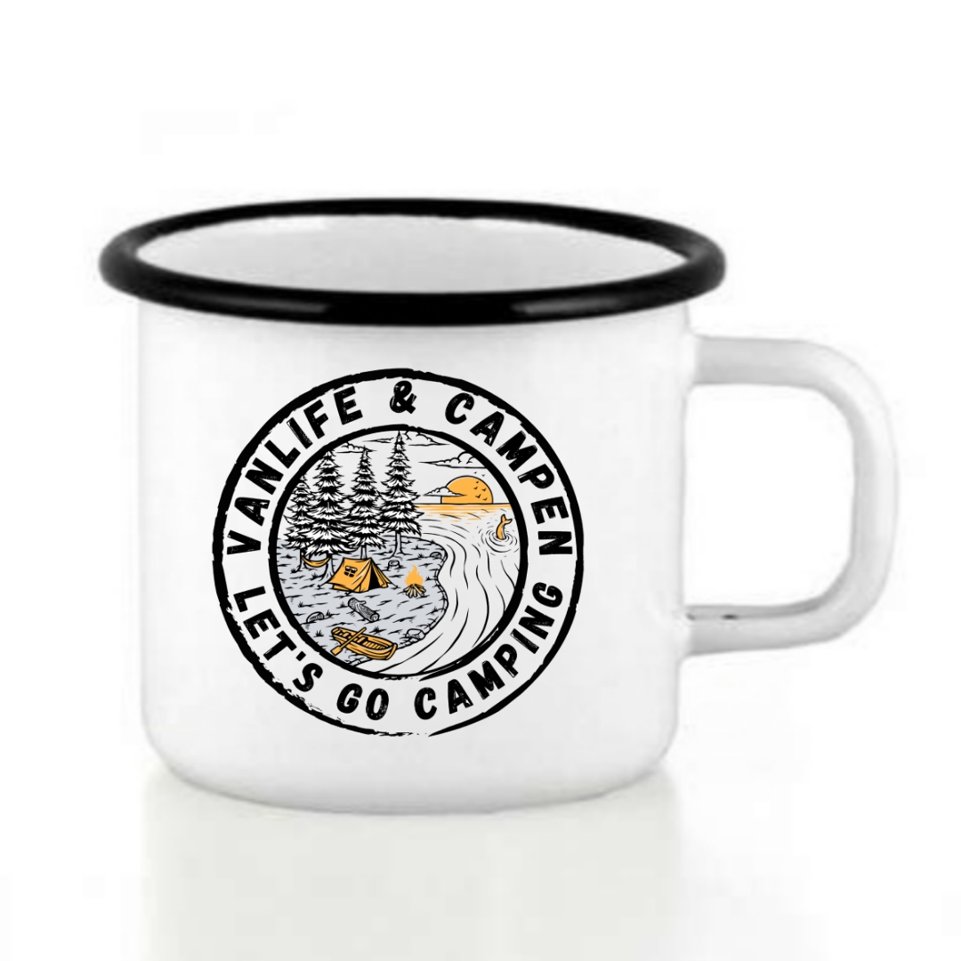 Emaille Tasse weiß mit farbigem Tassenrand